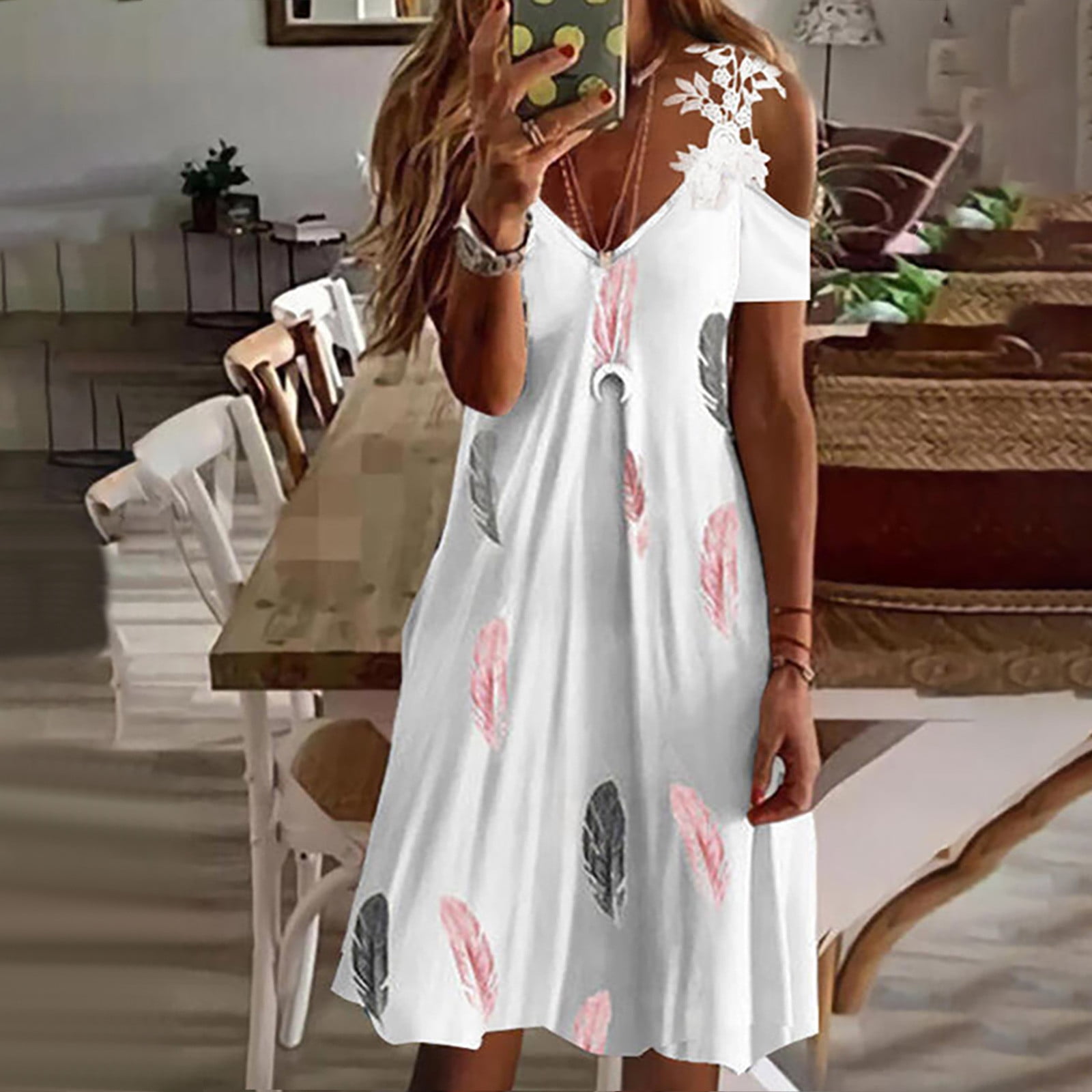 Simplmasygenix Womens Summer Dresses Clearance Women Casual Slimming Draw  Back Printed Short Sleeves V-Neck Lace Cold Shoulder Dress 