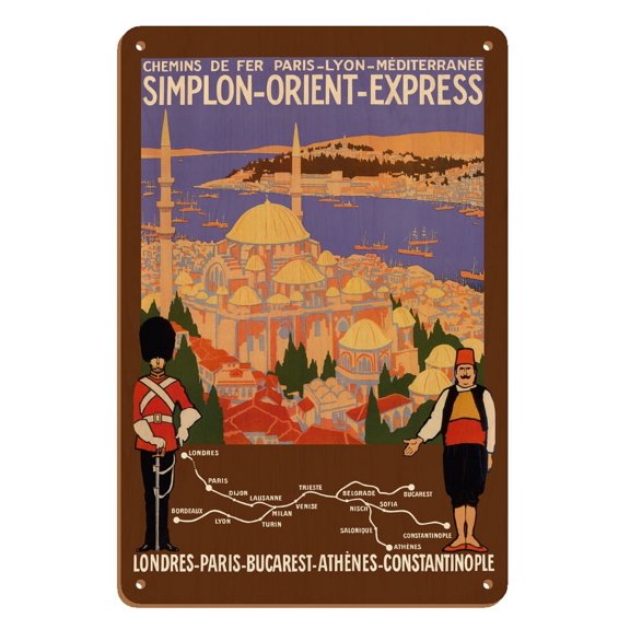 Simplon Orient-Express - London to Constantinople - Paris-Lyon-Méditerranée Railway (PLM) - Vintage Railroad Travel Poster by Roger Broders c.1922 - 8 x 12 inch Vintage Wood Art Sign