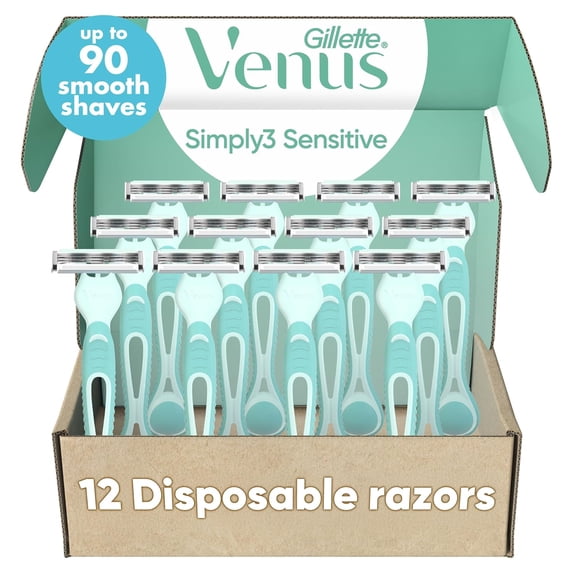 Simply 3 Sensitive Disposle Razors, Sensitive Skin, 3 Bladed Razors, Pivoting Head for Incredible Comfort, Soft Grip Handle, 12 Count