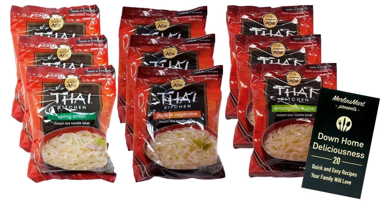 Simply Asia Thai Kitchen Instant Rice Noodle Soup | Gluten Free | 3 Flavor Variety (3) each: Spring Onion, Garlic Vegetable, Lemongrass Chili (1.6 Ounces) + MerlinsMart Zine