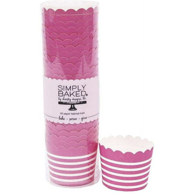 Simply Baked Small Paper Baking Cups Fuchsia with White Stripe 25Pack Disposable and Ovensafe