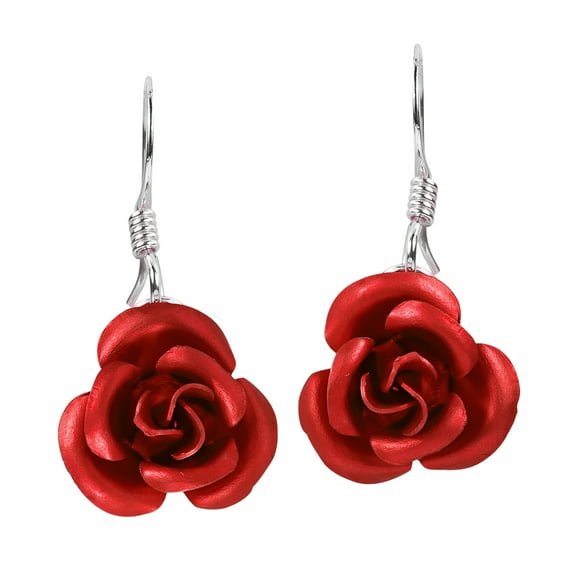 Simply Beautiful Blooming Red Rose Dangle Earrings