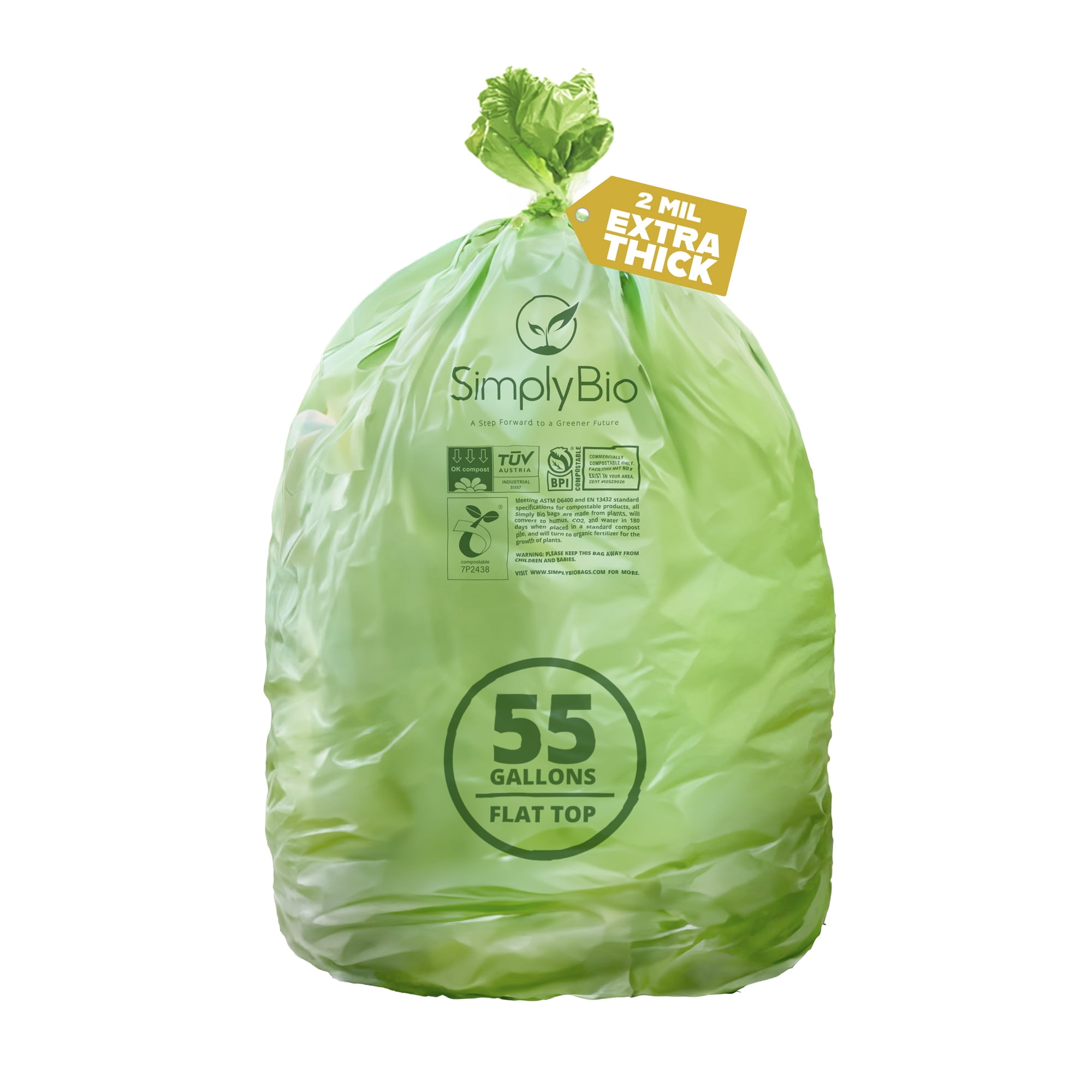 Simply Bio 55 Gallon Compostable Trash Bags Flat-Top, Heavy Duty Extra Thick 2 Mil, 208.2 Liter, 12 Bags, Large Lawn and Yard Waste Bag, ASTM D6400, US BPI and OK Compost Home Certified