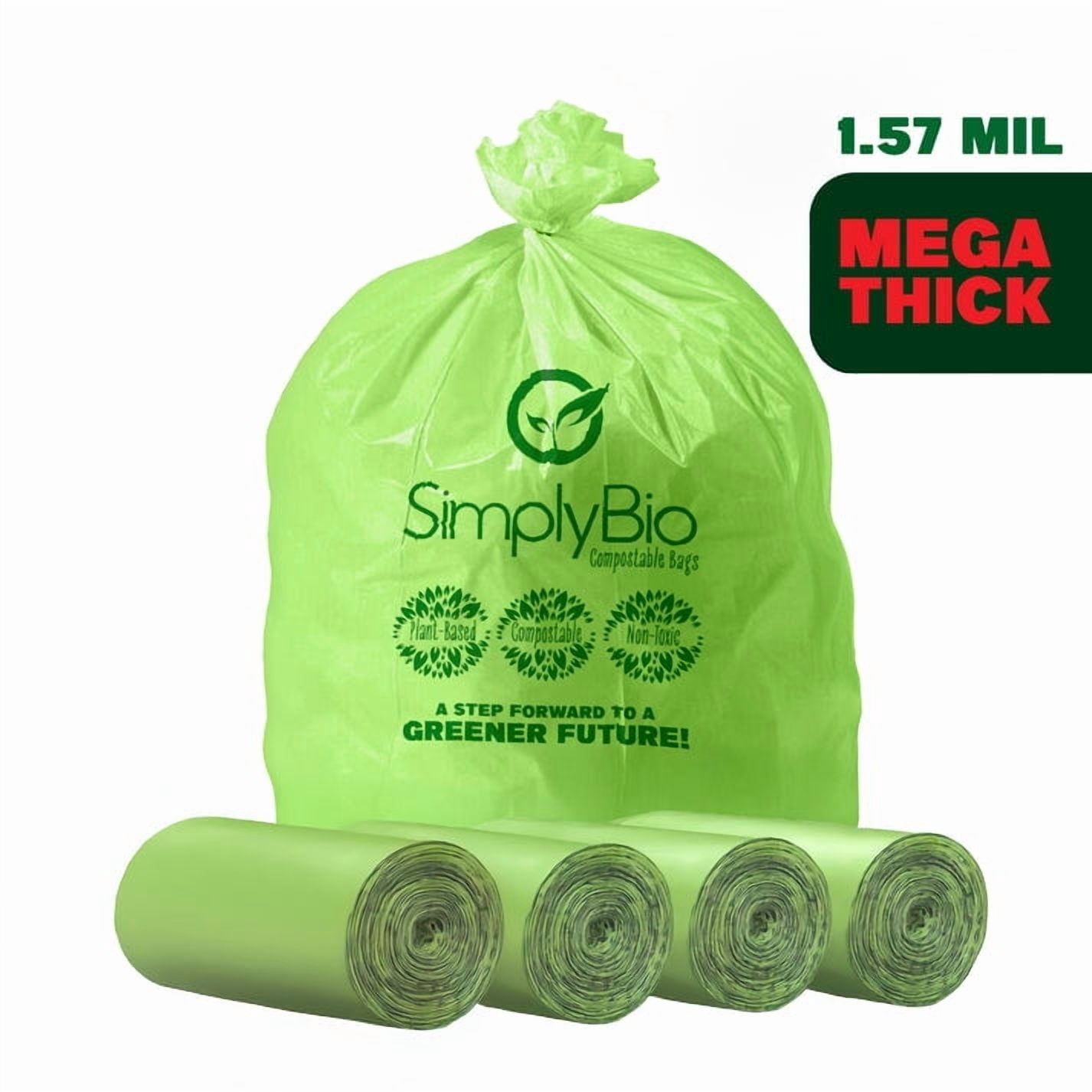 Simply Bio 96 Gallon Compostable Trash Bags Liners Flat-Top, Heavy Duty Extra Thick 1.57 Mil, 363.4 Liter, 40 Bags, Lawn, Yard, and Restaurant Use, ASTM D6400, US BPI, OK Compost Home Certified
