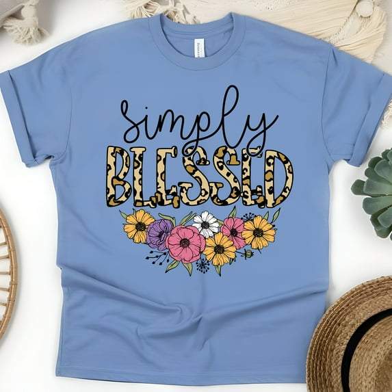 Simply Blessed Floral Leopard T-Shirt for Women | Inspirational Christian Tee , CarolinaBlue, Size 2XL