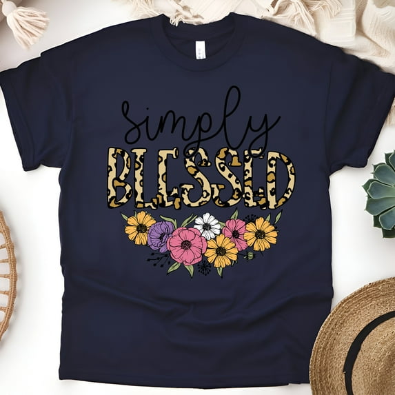 Simply Blessed Floral Leopard T-Shirt for Women | Inspirational Christian Tee , Navy, Size S