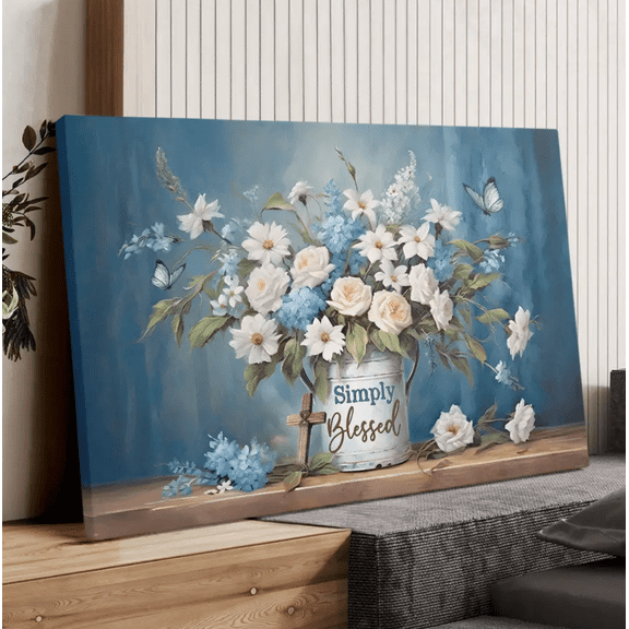 Simply Blessed Flower Christian Canvas Wall Art Decor, Bible Verse Canvas Print Artwork, Inspirational Religious Home Decor for Office Living Room Bedroom, Christian Faith Gift Decor
