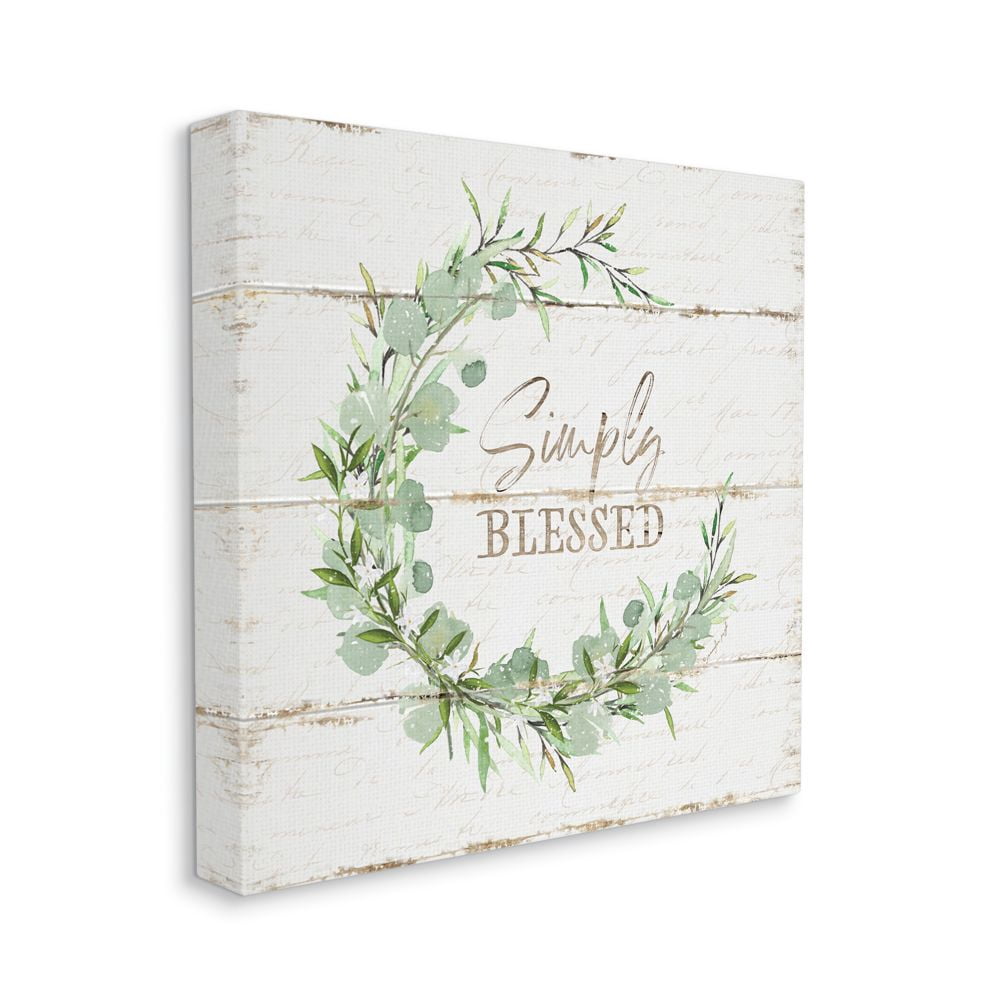 Simply Blessed Phrase with Distressed Styling and Wreath Typography Gallery-Wrapped Canvas Print Wall Art, 17x17