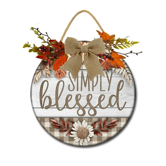 Simply Blessed Sign Front Door Porch Decorations, Round Rustic Wood Hanging Sign for Farmhouse Porch Outdoor Home Holiday Front Door Sign Decor