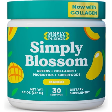 Simply Blossom Nutrition Daily Greens & Superfood Powder + Collagen + Probiotics for Women's Digestive Health & Bloating Relief. Help Your Health Bloom - 30 Day Supply - Mango