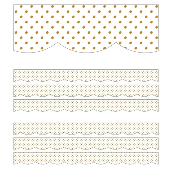 Simply Boho White with Gold Dots Scalloped Borders, 39 Feet Per Pack, 6 Packs