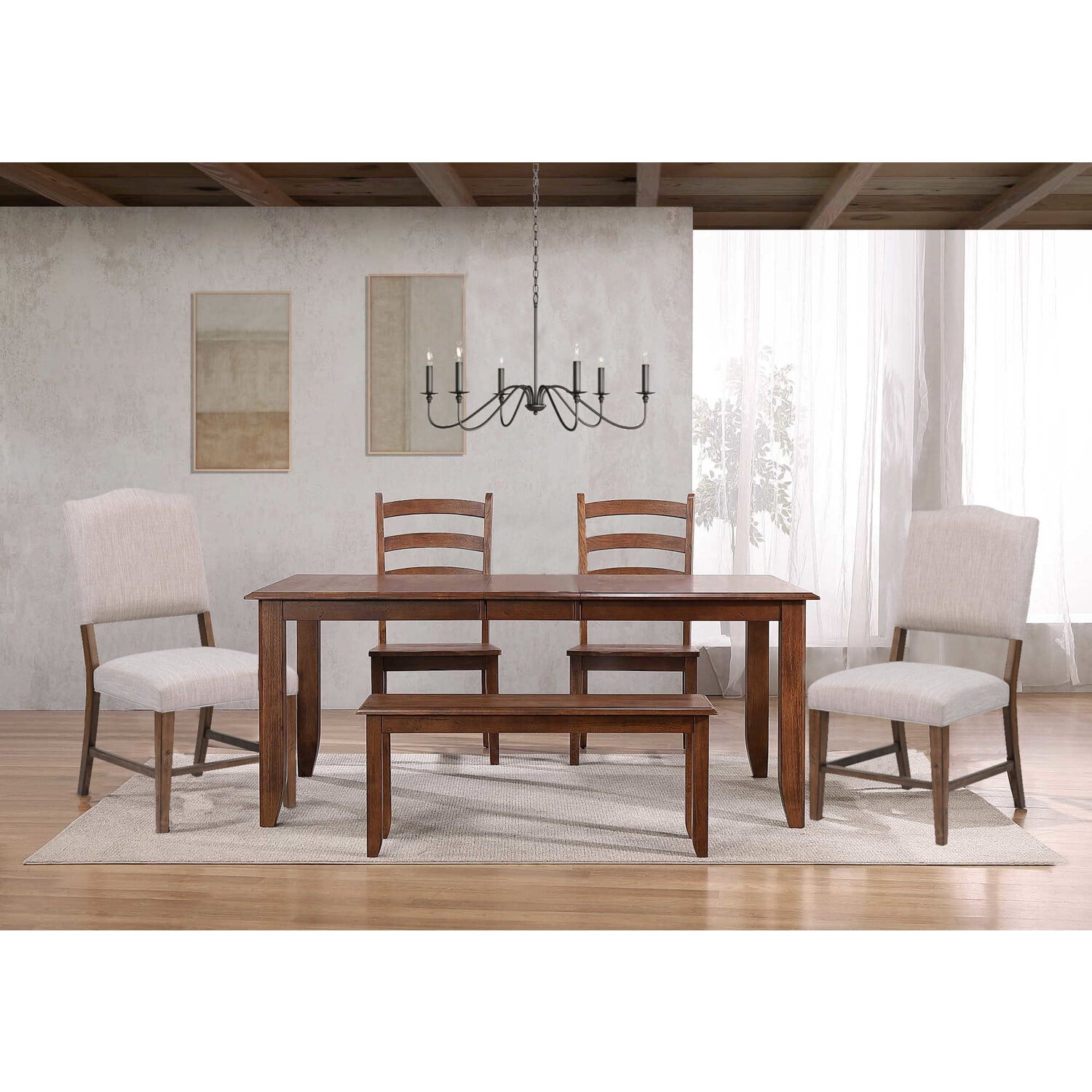 Greige Performance Fabric and Brown Wood Extendable Dining Set with Bench