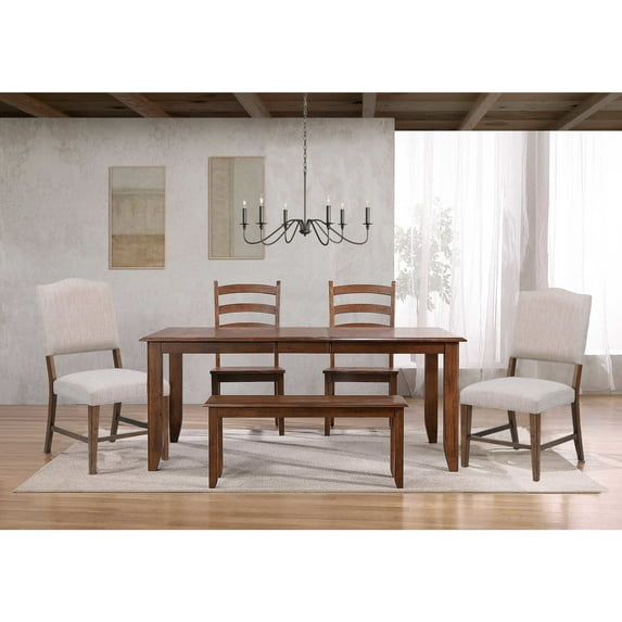 Simply Brook 6PC Extension Dining Set Performance Fabric Chairs Bench Brown Wood