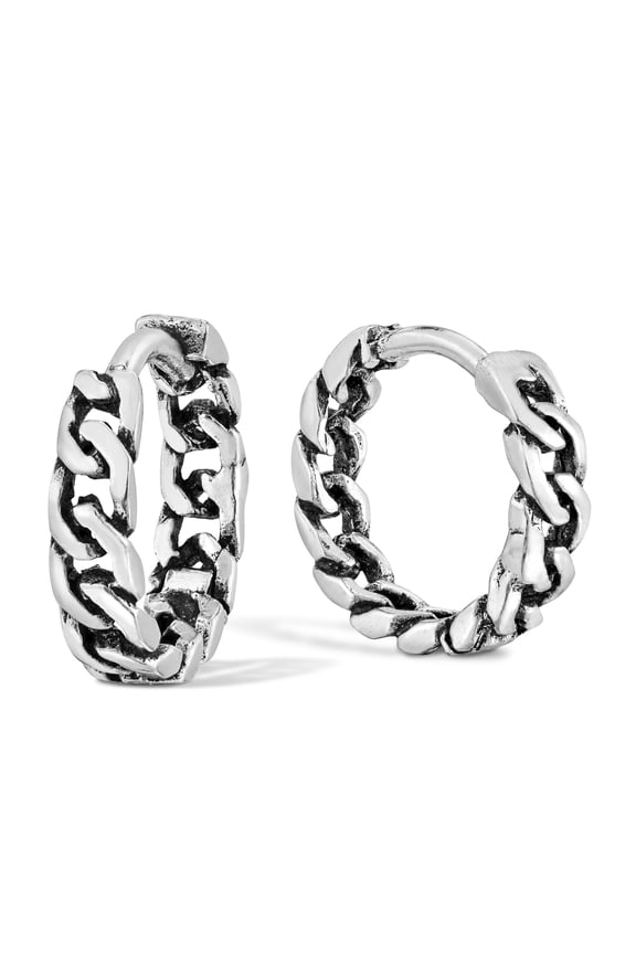 Simply Casual Oxidized Sterling Silver Curb Chain Mini Hoop Boho Earrings