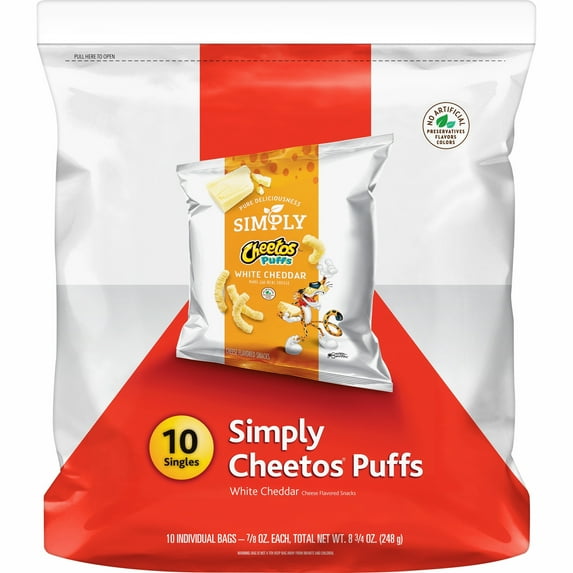 Simply Cheetos Puffs White Cheddar Cheese Flavored Snacks, 0.875 oz Bags, 10 Count
