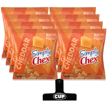 Simply Chex Snack Mix, Cheddar, 0.92 oz Whole Wheat (Pack of 8) with By The Cup Bag Clip
