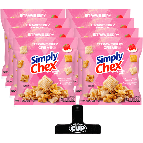 Simply Chex Snack Mix, Strawberry Creme, Contains Wheat, Milk and Soy , 1.03 oz, (Pack of 8) with Bag Clip