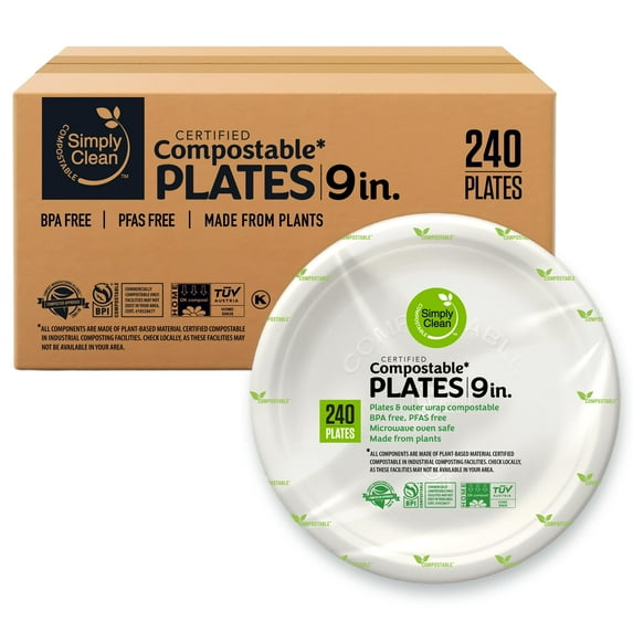 Simply Clean Compostable Plates 9” Bulk AFN1240ct, Durable & Disposable Dinnerware, BPI Certified
