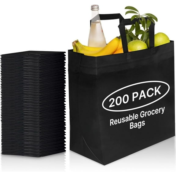 Simply Cool 200 Pack Black Reusable Eco-Friendly Large Grocery Shopping Bags 14.5"x14"x6.6" Durable Recyclable Shopping Washable Foldable Portable Tote Bulk
