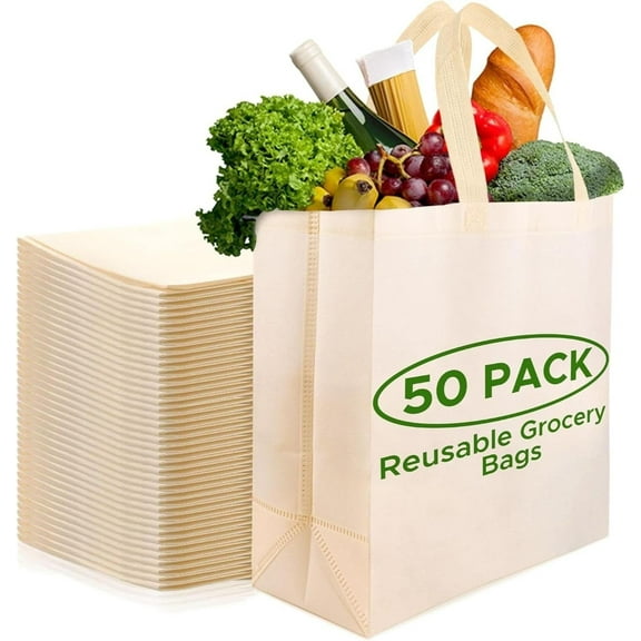 Simply Cool 50 Pack Reusable Eco-Friendly Grocery Shopping Bags 12.6"x6.3"x11.8" Durable, Recyclable, Washable, Foldable, Portable Tote Bags Bulk (50 Pack,Cream)