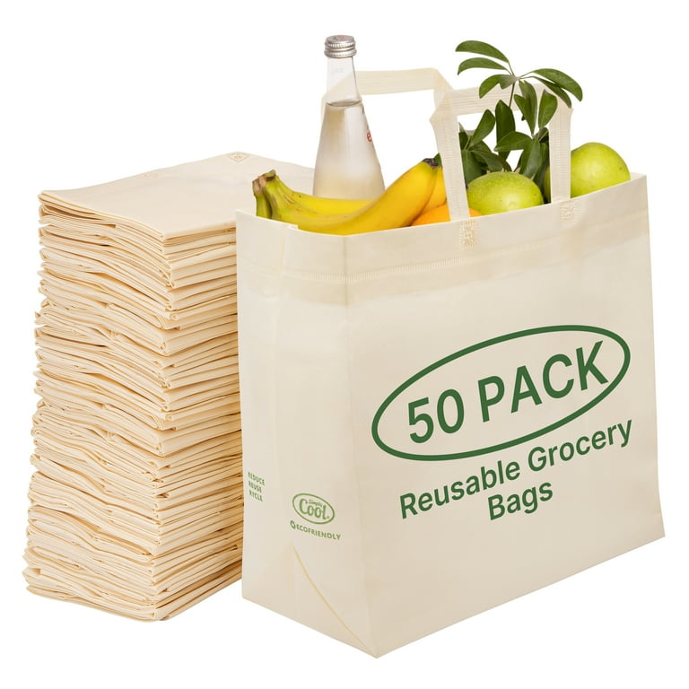Simply Cool Reusable Bags Large Shopping Bags for Groceries Tote Bag Bulk Cream 50 Pack