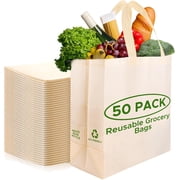 Simply Cool Reusable Grocery Bags Eco-Friendly - Heavy Duty Large Shopping Bags, 14.5"x14"x6.6" Foldable , Washable Bulk Tote bag 50 pack Cream