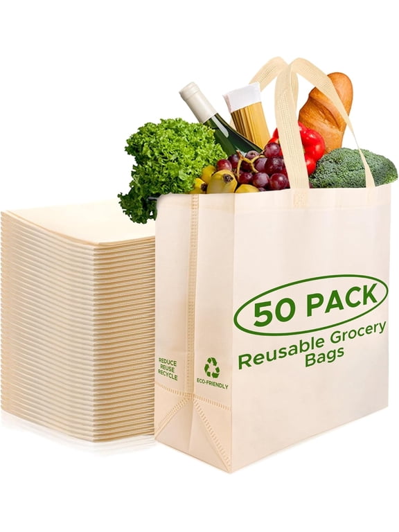 Reusable Grocery Bags Eco-Friendly - Heavy Duty Large Shopping Bags, 14.5"x14"x6.6" Foldable , Washable Bulk Tote bag (50 pack Cream)