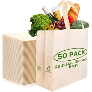 Simply Cool Reusable Grocery Bags Eco-Friendly - Heavy Duty Large Shopping Bags, 14.5"x14"x6.6" Foldable , Washable Bulk Tote bag (50 pack Cream)