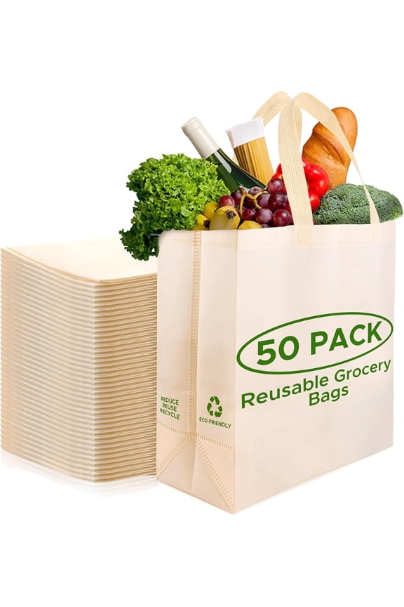 Reusable Grocery Bags Eco-Friendly - Heavy Duty Large Shopping Bags, 14.5"x14"x6.6" Foldable , Washable Bulk Tote bag (50 pack Cream)