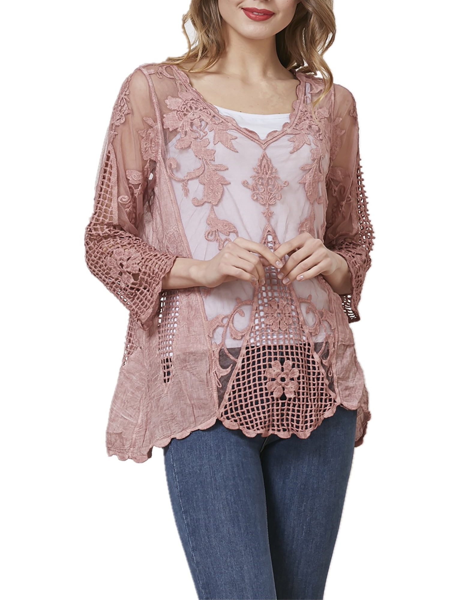 Simply Couture Sheer Long Sleeve Crochet Mesh Top, Women's