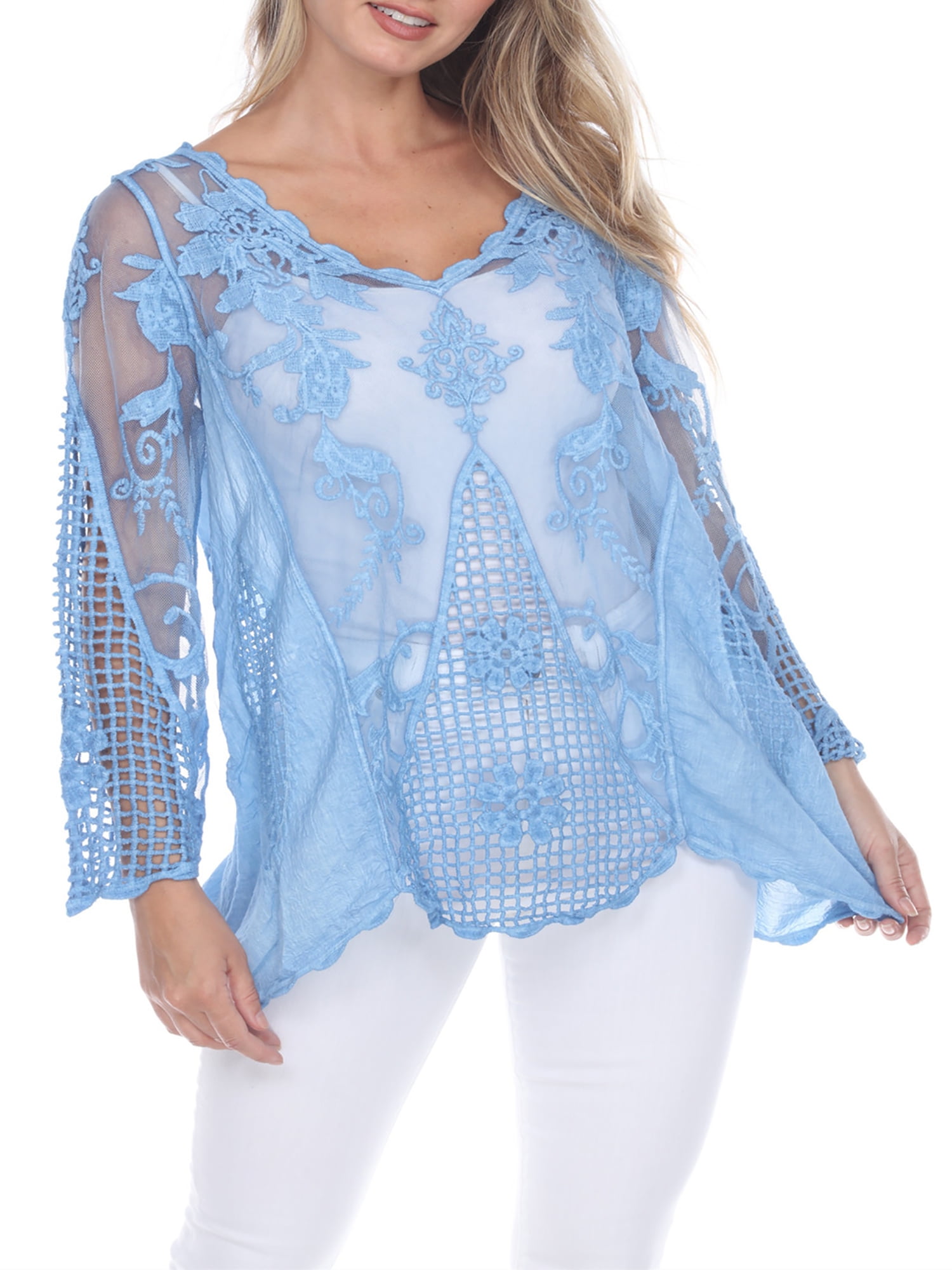 Simply Couture Sheer Long Sleeve Crochet Mesh Top, Women's