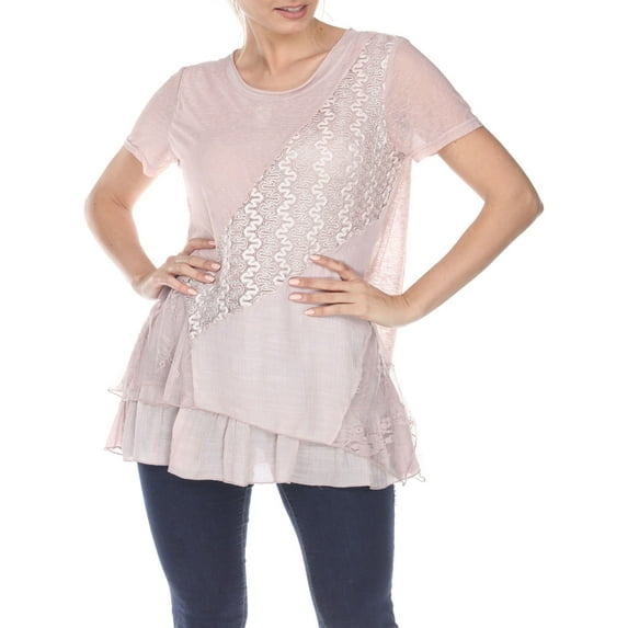Simply Couture Short Sleeve Lace Mixed Media Layer Top, Womens