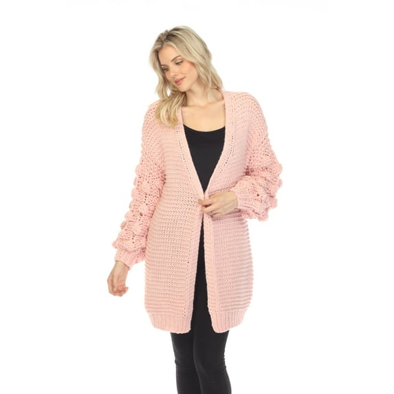 Simply Couture Women's Casual Solid Open-Front Knit PomPom Bubble Bishop Sleeve Knitwear Cardigan