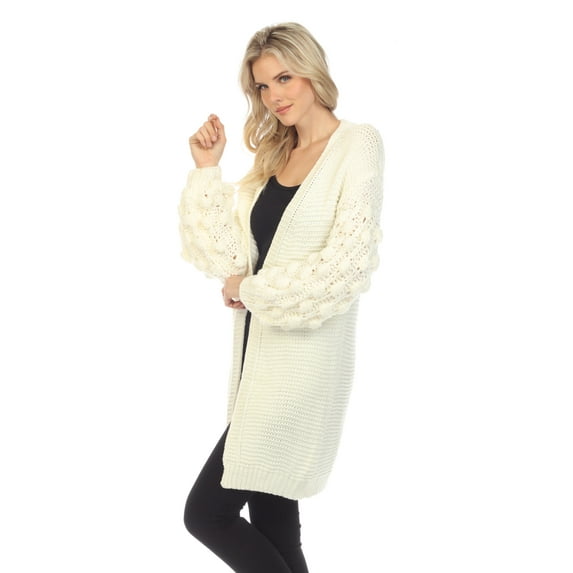 Simply Couture Women's Casual Solid Open-Front Knit PomPom Bubble Bishop Sleeve Knitwear Cardigan