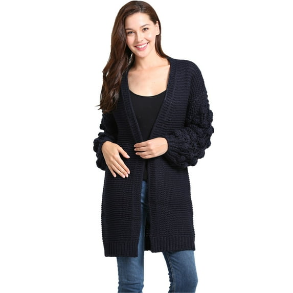 Simply Couture Women's Plus Size Casual Solid Open-Front Knit PomPom Bubble Bishop Sleeve Knitwear Cardigan
