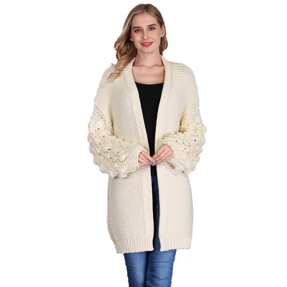 Simply Couture Women's Plus Size Casual Solid Open-Front Knit PomPom Bubble Bishop Sleeve Knitwear Cardigan