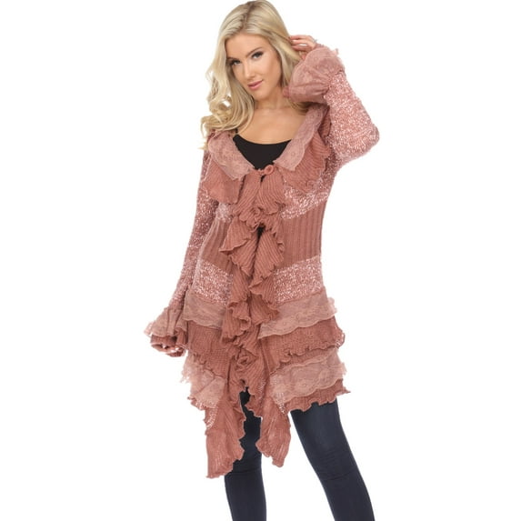 Simply Couture Women's Plus Size Knitted Lace Ruffle Bell Sleeve Solid Long Cardigan