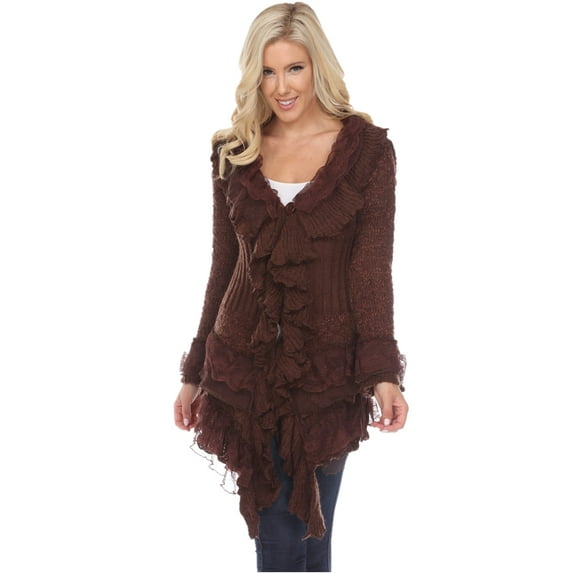 Simply Couture Women's Plus Size Knitted Lace Ruffle Bell Sleeve Solid Long Cardigan