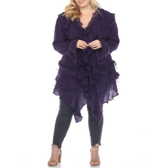 Simply Couture Women's Plus Size Lace Mixed Media Ruffle Button Up Cardigan Sweater