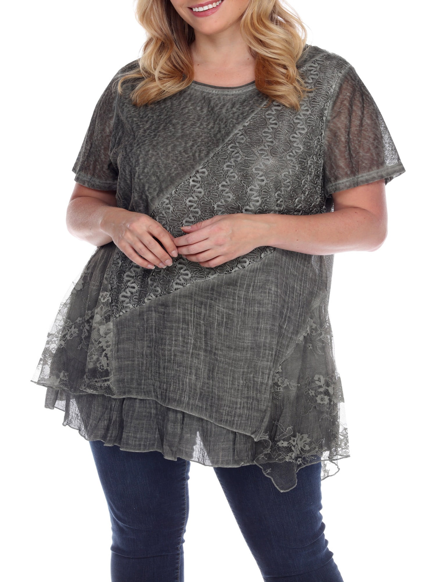 Simply Couture Women's Plus Size Short Sleeve Lace Mixed Media Layer ...