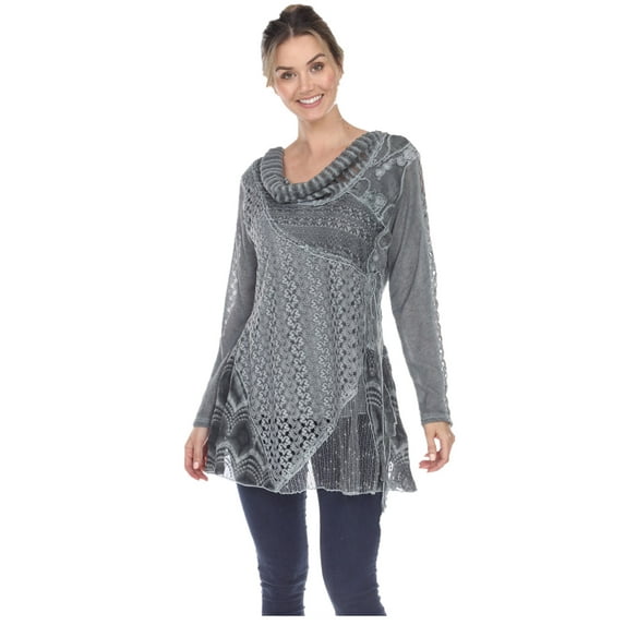 Simply Couture Women's Plus Size Solid Long Sleeve Abstract Floral Lace Patchwork Cowl Neck Blouse Top