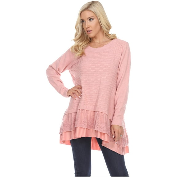 Simply Couture Women's Plus Size Solid Relaxed Light Lace Ruffle Multilayered Crewneck Bow Knit Sweater Blouse