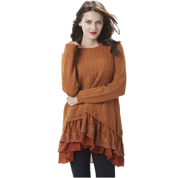 Simply Couture Women's Plus Size Solid Relaxed Light Lace Ruffle Multilayered Crewneck Bow Knit Sweater Blouse
