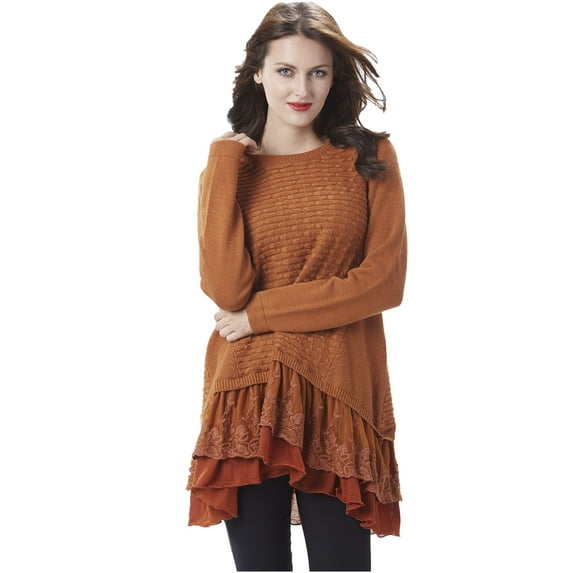 Simply Couture Women's Plus Size Solid Relaxed Light Lace Ruffle Multilayered Crewneck Bow Knit Sweater Blouse