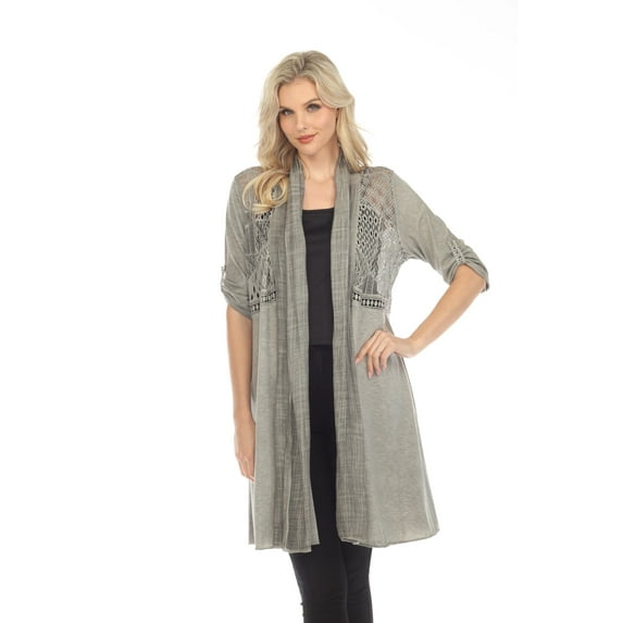 Simply Couture Women's Plus size Solid Tab Sleeve Long Light Knit Lace Hallowed Back Cardigan