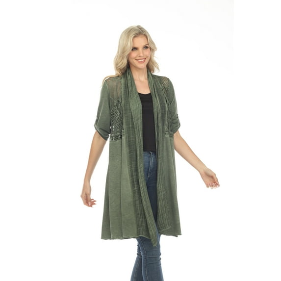 Simply Couture Women's Plus size Solid Tab Sleeve Long Light Knit Lace Hallowed Back Cardigan