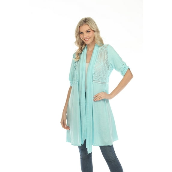 Simply Couture Women's Plus size Solid Tab Sleeve Long Light Knit Lace Hallowed Back Cardigan