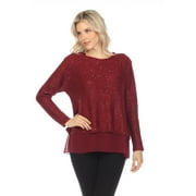 SIMPLY COUTURE Women's Solid Keyhole Back Knitted Shimmering Sequin Crewneck Sweater Blouse