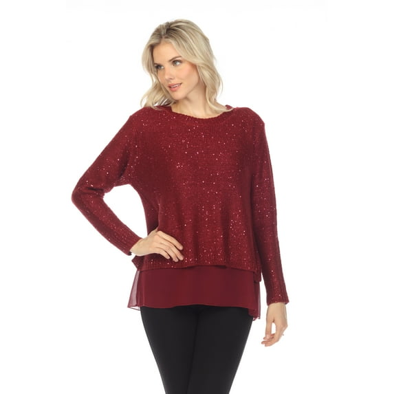 Simply Couture Women's Solid Keyhole Back Knitted Shimmering Sequin Crewneck Sweater Blouse