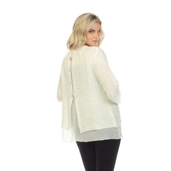 Simply Couture Women's Solid Keyhole Back Knitted Shimmering Sequin Crewneck Sweater Blouse